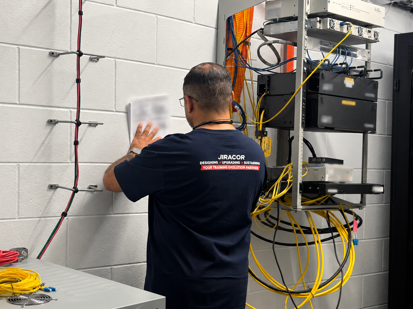 JIRACOR technician managing telecommunications rack cabling and systems integration